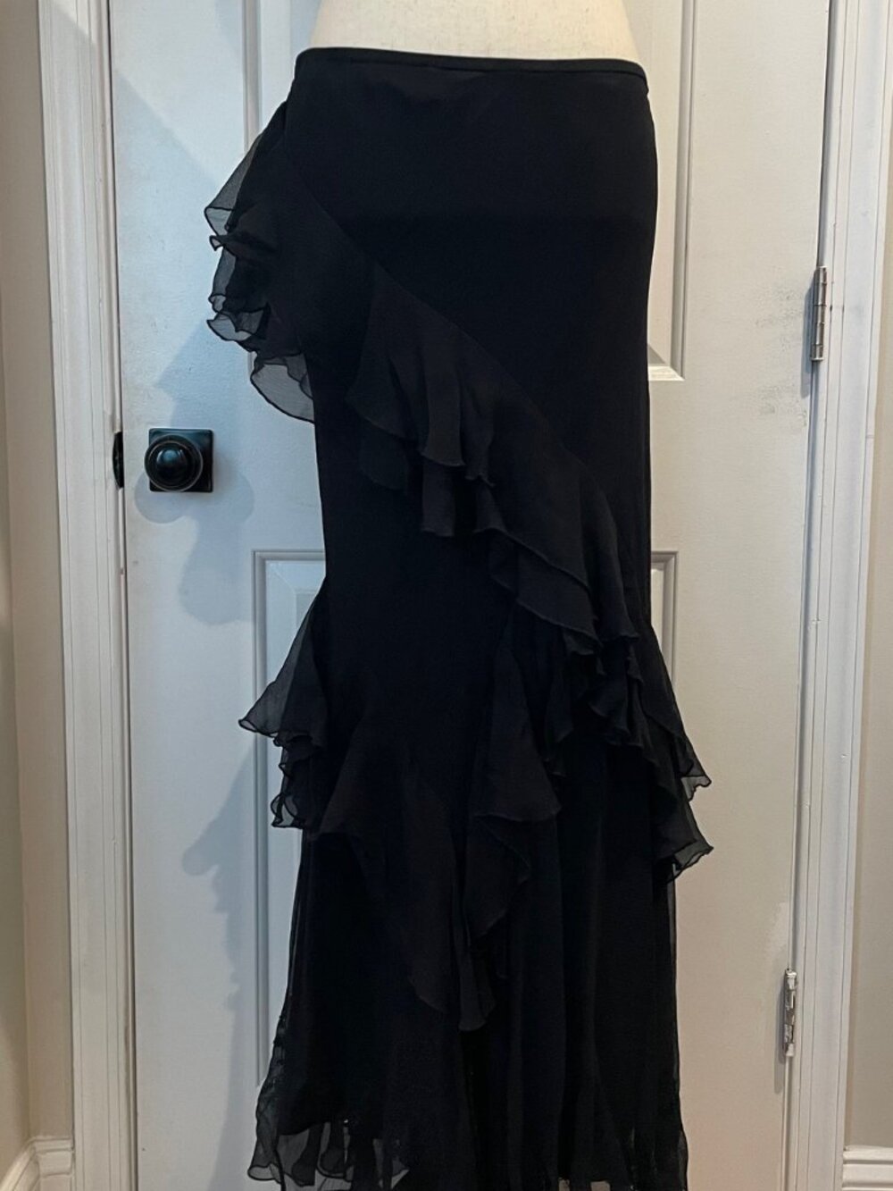 CAMI INTERNATIONAL Black Silk Maxi Skirt w/ Embroidery and Ruffles